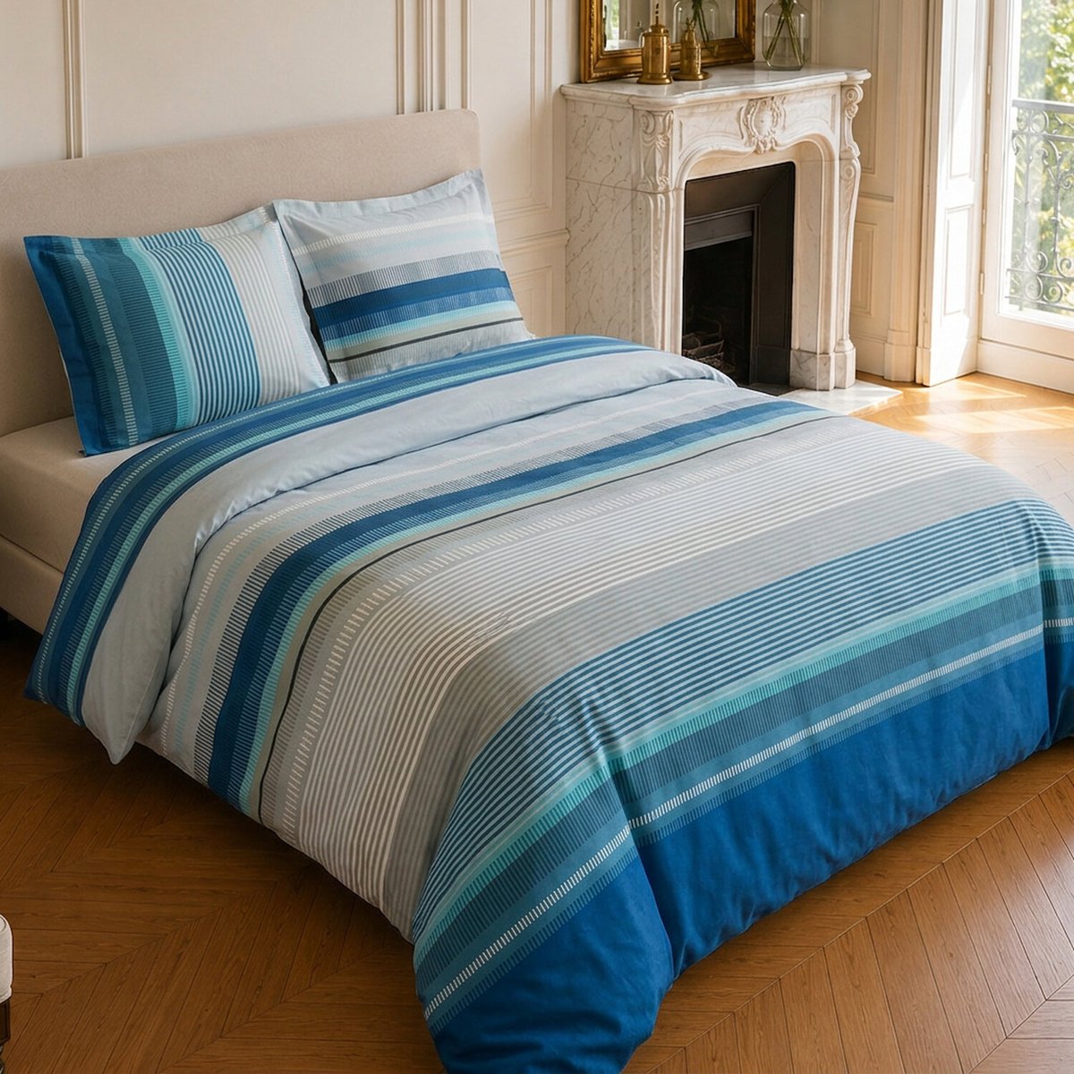 Parure de lit en microfibre rayures, BINGO bleu, C DESIGN HOME TEXTILE