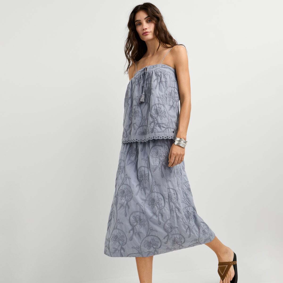 Jupe Midi Brodée Florale bleu mer tempête, PEPE JEANS