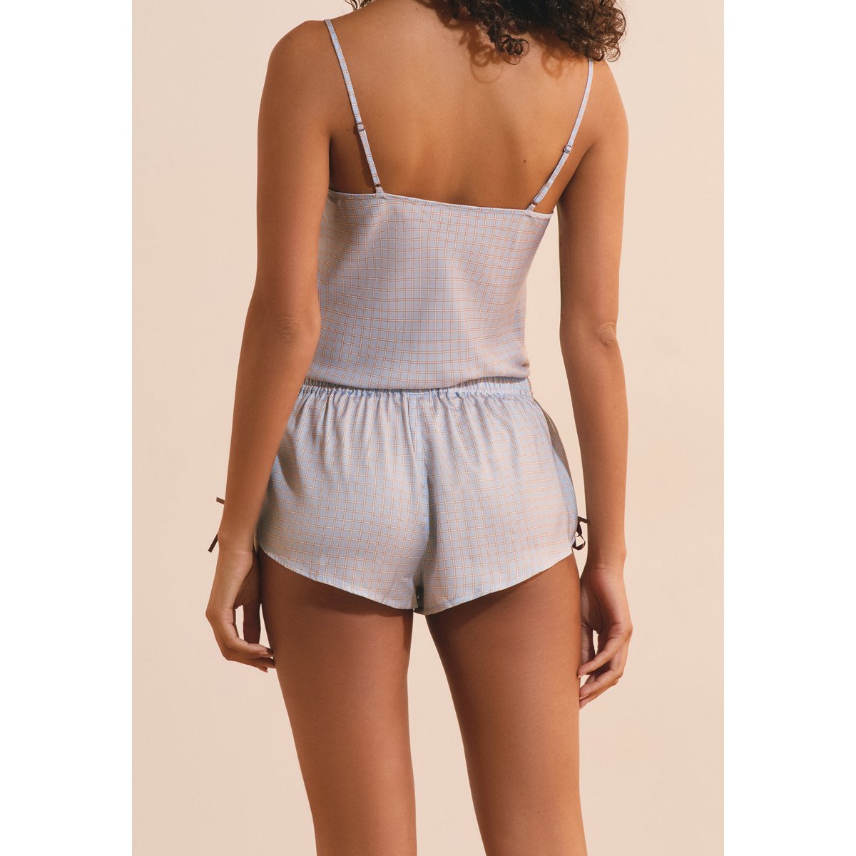 Short satiné à carreaux avec détails en dentelle REI bleu, ETAM