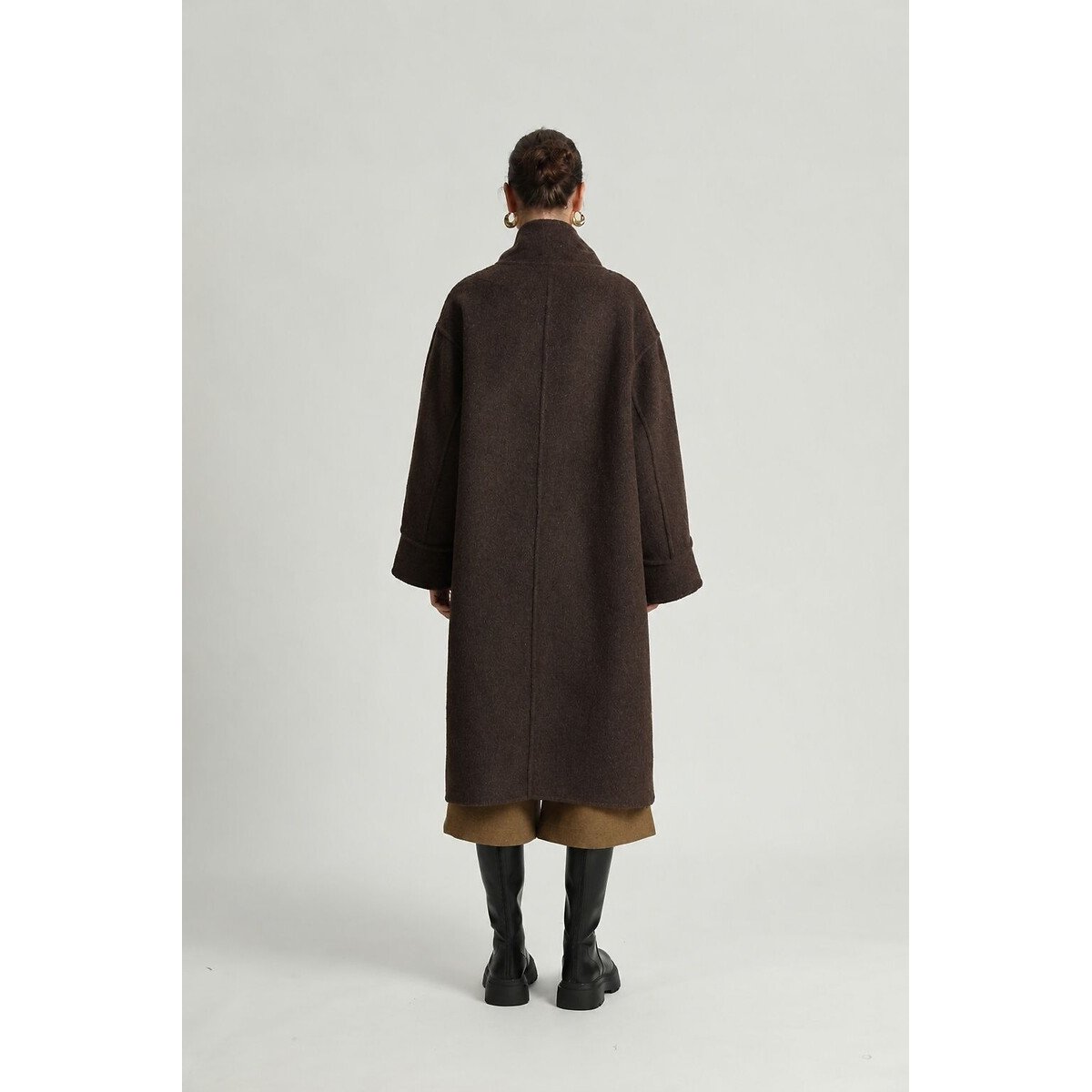 Manteau long réversible en laine mélangée marron carreaux, SEE U SOON
