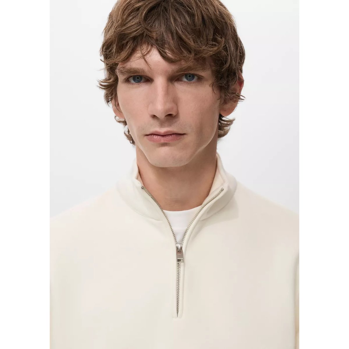 Sweat avec col zippé intérieur soft-touch blanc, MANGO MAN