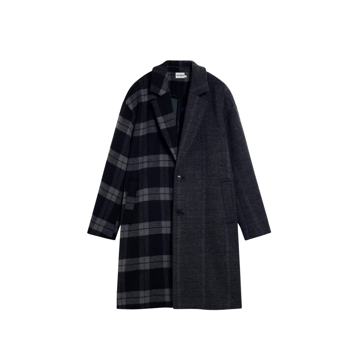Manteau en laine bimatière à carreaux gris, DESIGUAL