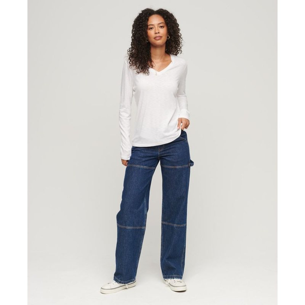Haut en jersey à col V et manches longues optic, SUPERDRY