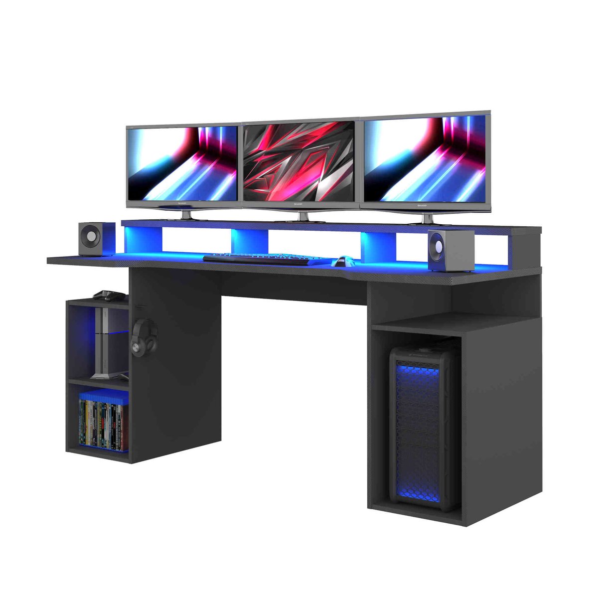 Bureau gaming avec niches en bois anthracite, TERRE DE NUIT