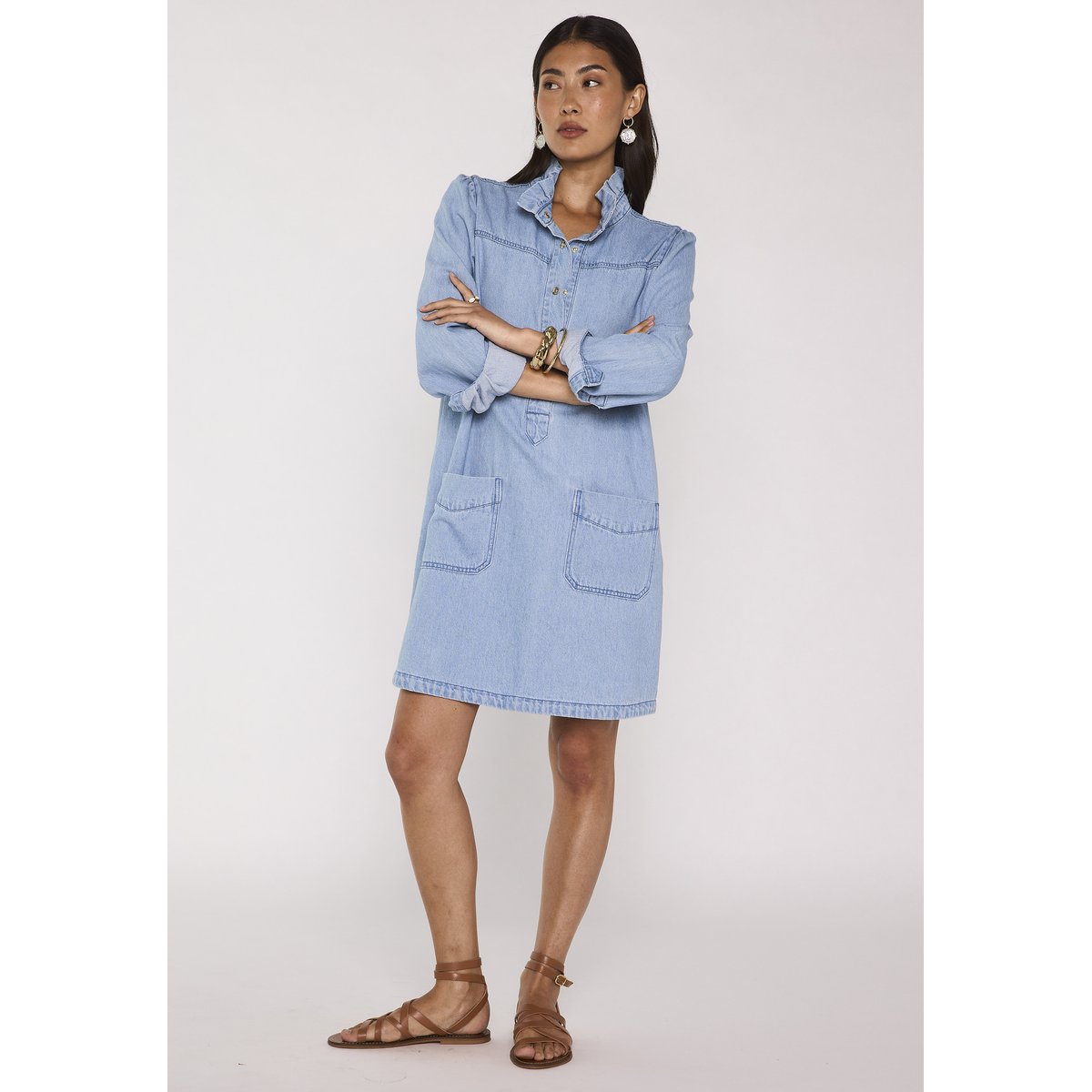 Robe droite denim à manches longue en coton BLAKE pure bleached, Maison 123