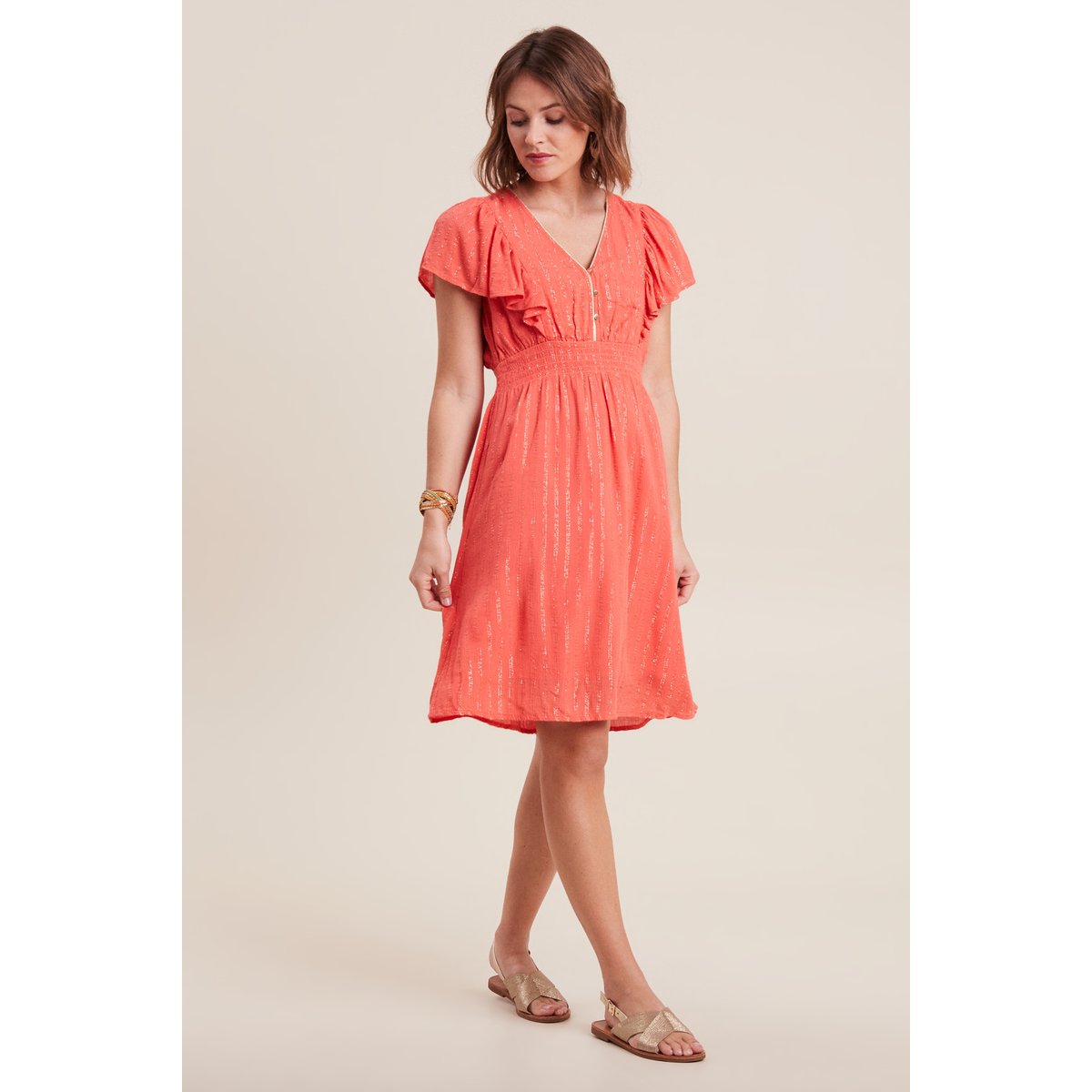 Robe droite fluide smockée orange clair, BREAL