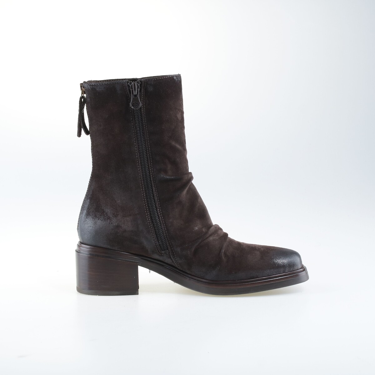Botines de ante plisado con tacón ancho marrón oscuro, MJUS