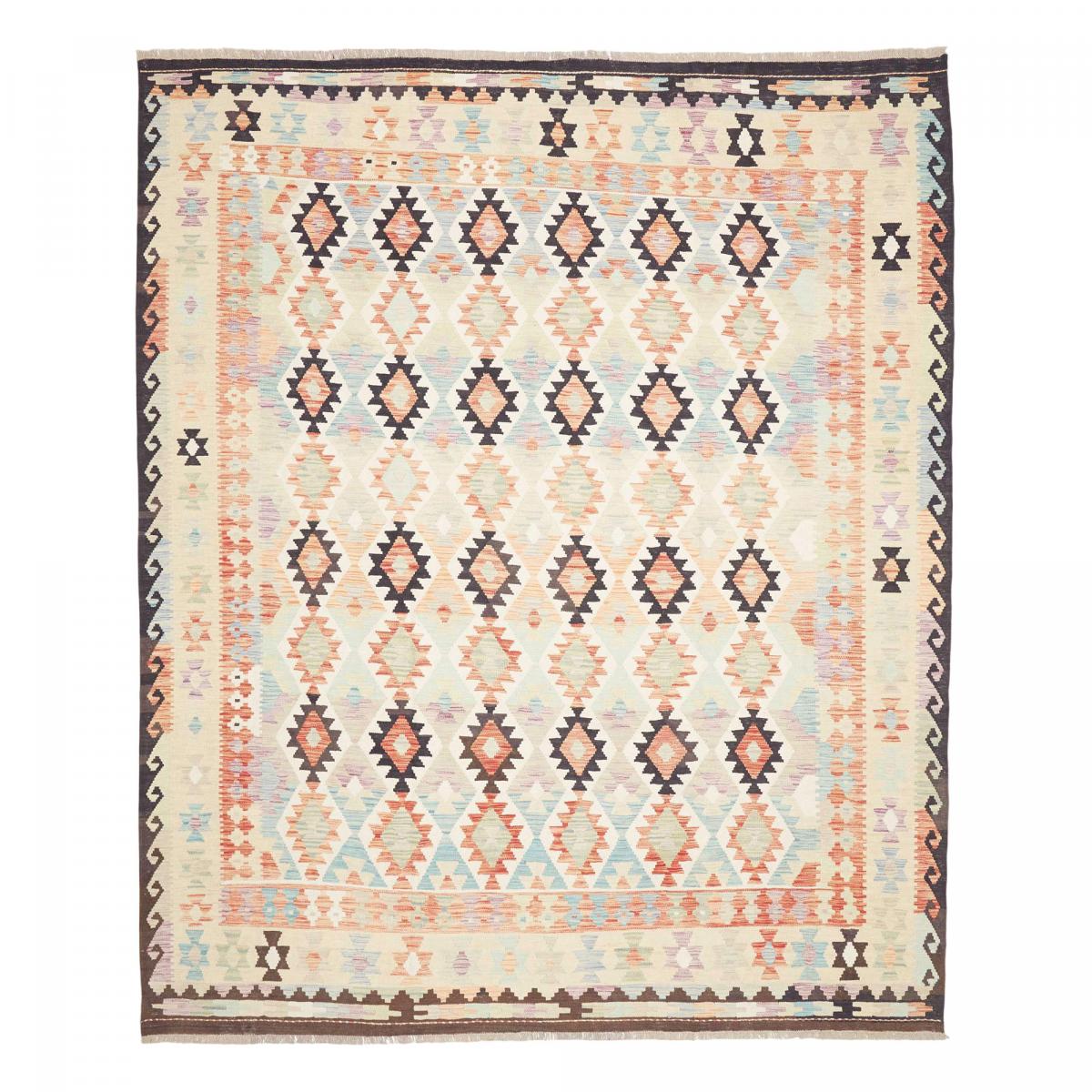 Tapis kilim géométrique, tissé à plat, laine naturelle, KILIM 61 multicolore, crème, orange, UN AMOUR DE TAPIS