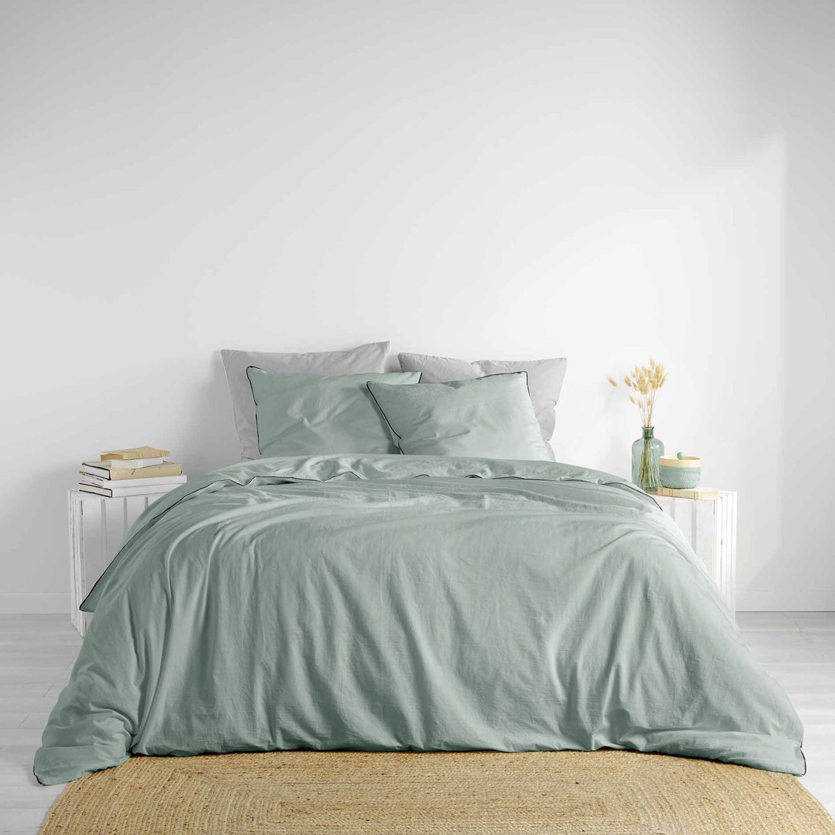 Parure de lit coton lavé LINETTE vert d'eau, DOUCEUR D'INTÉRIEUR