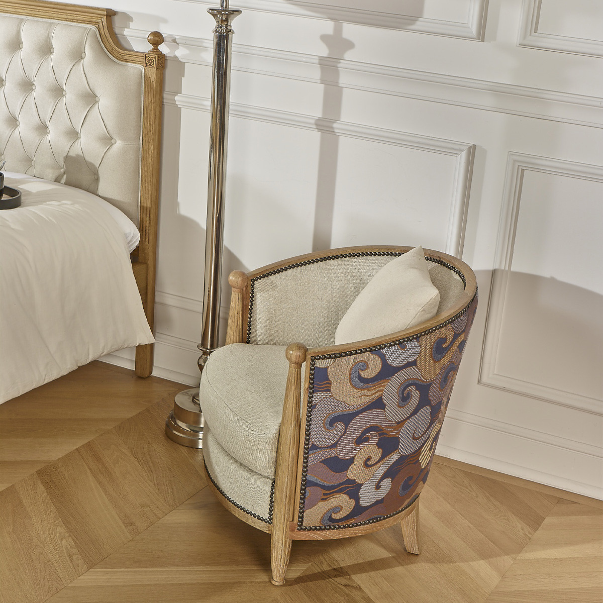 Fauteuil tonneau en chêne, lin et tissu édition limitée CAROLE lin, ROBIN DES BOIS