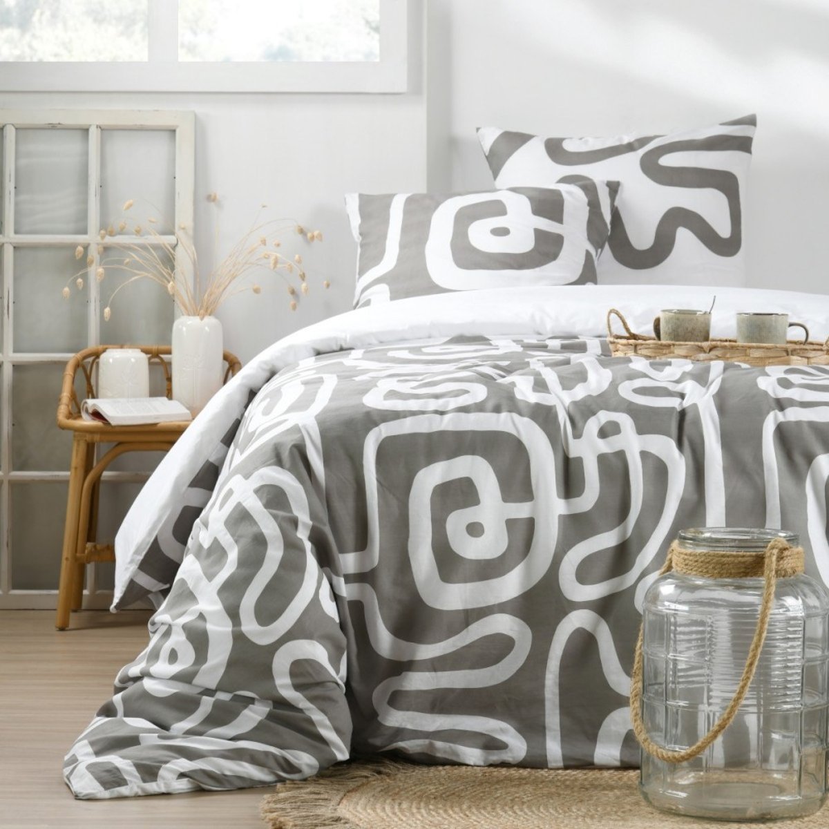 Housse de couette 100% coton 57 fils + 2 taies d’oreiller blanc, DECORATIE