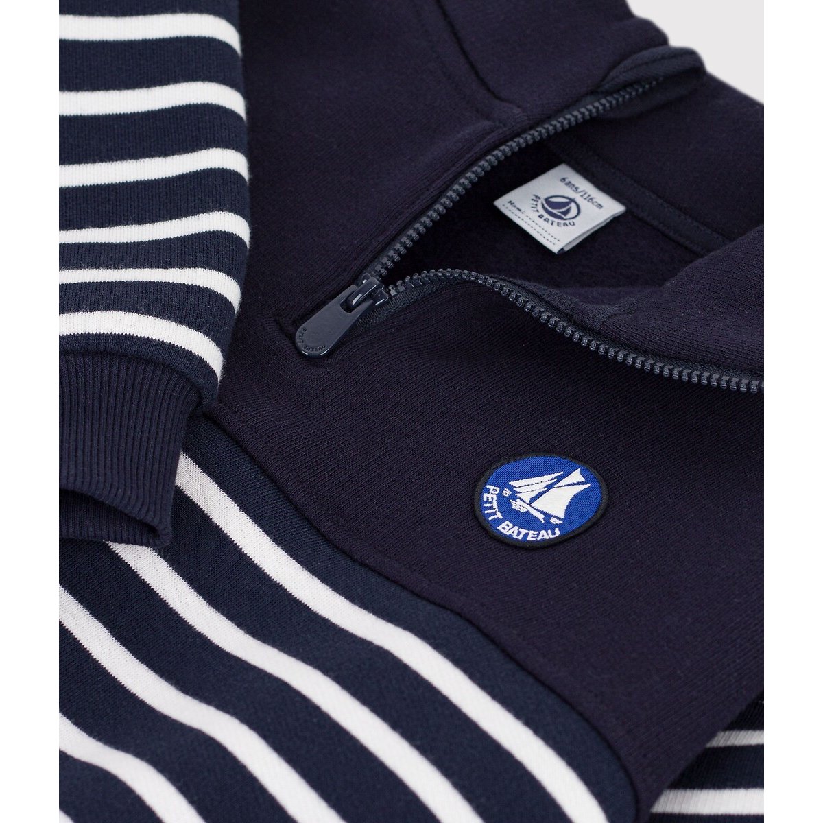 Sweat rayé avec col camionneur zippé bleu marine rayé, PETIT BATEAU