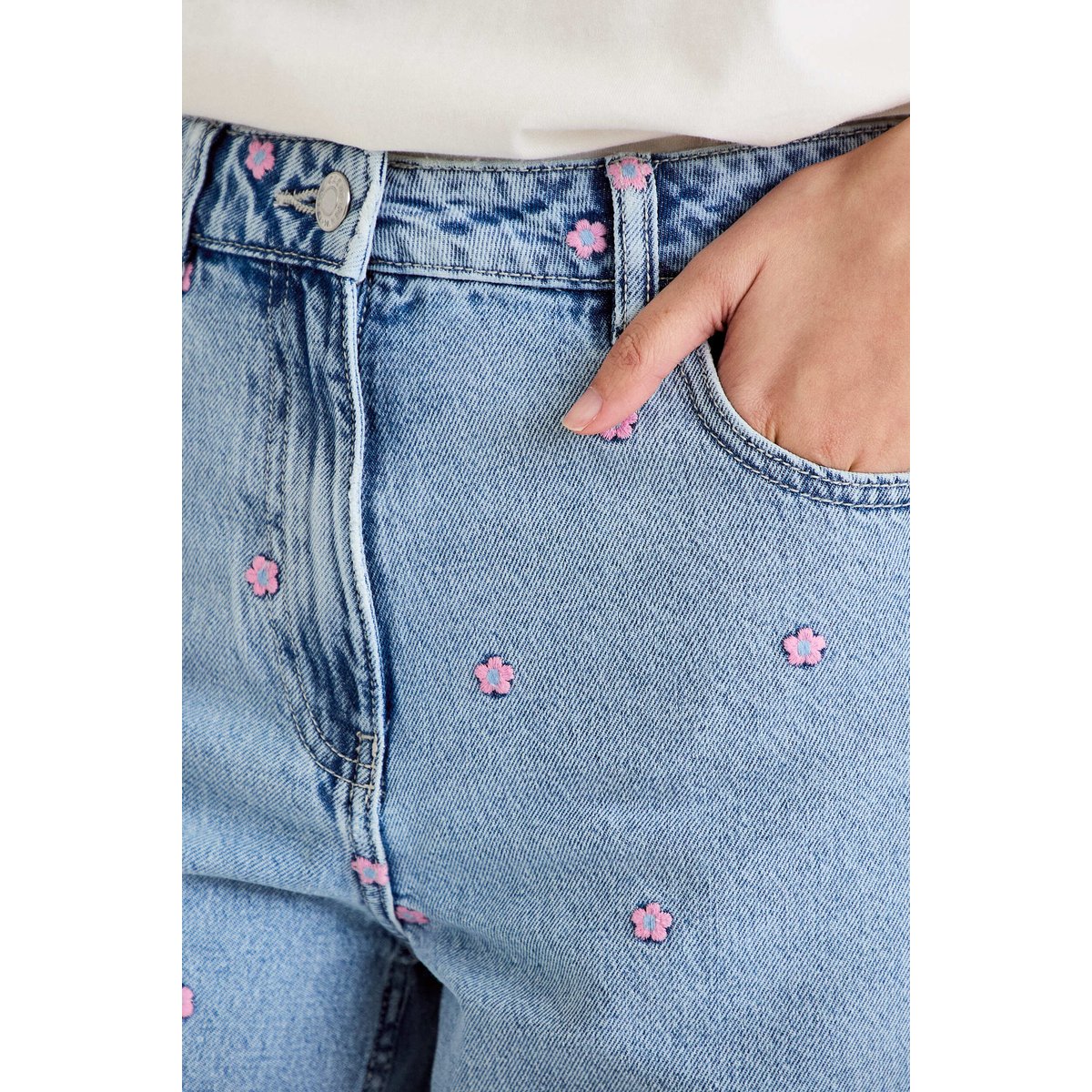 Jean wide leg taille haute brodé bleu foncé, CACHE CACHE