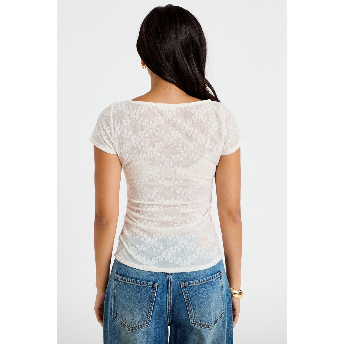 T-shirt ajusté dentelle col bateau ecru, CACHE CACHE