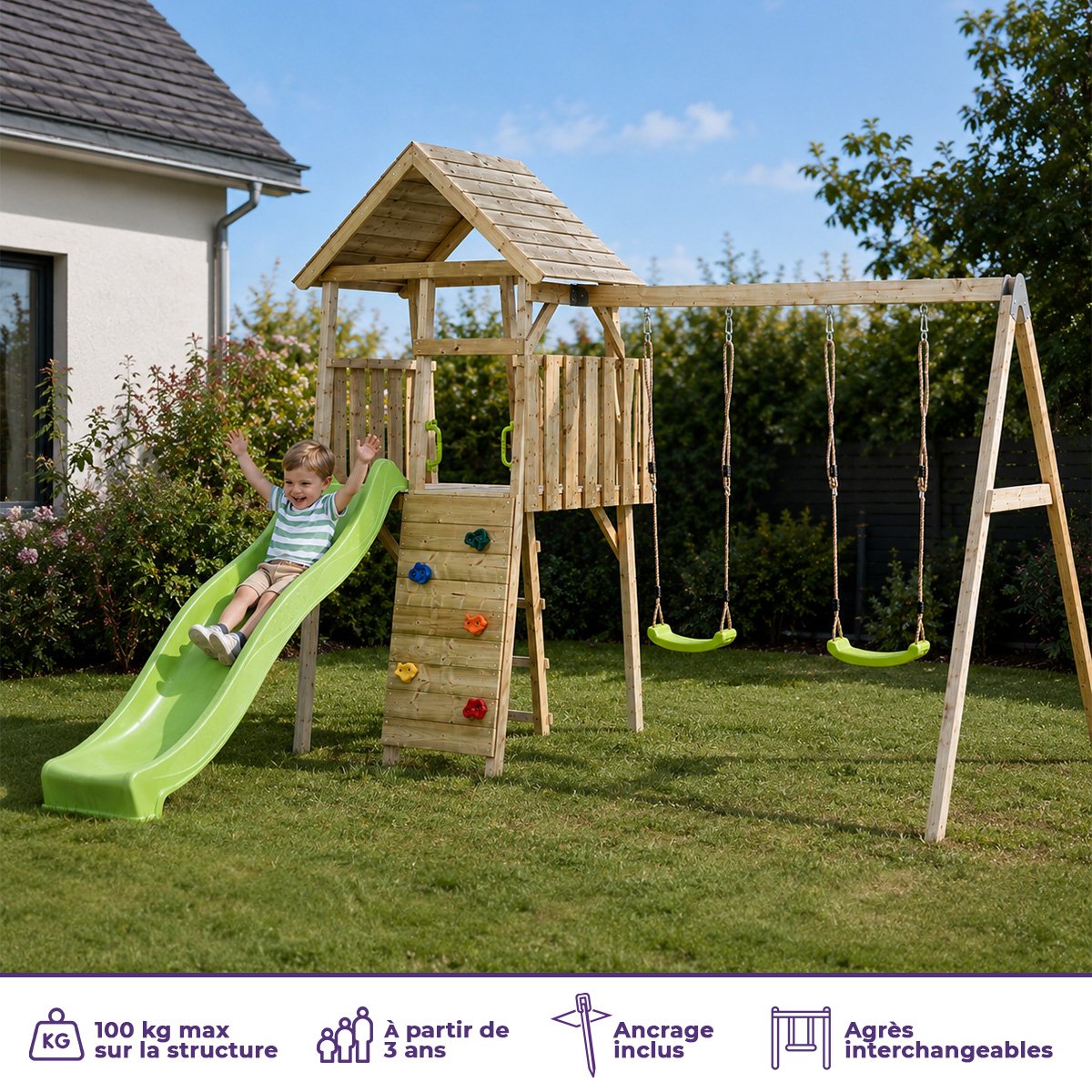 Aire de jeux bois, 2 balançoires, toboggan, escalade, cabane WOODI marron, KANGUI
