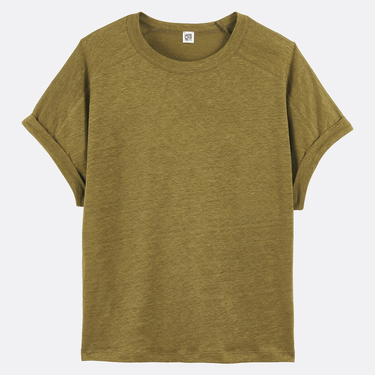 T-shirt col rond, à manches courtes, en lin vert kaki, LA REDOUTE COLLECTIONS