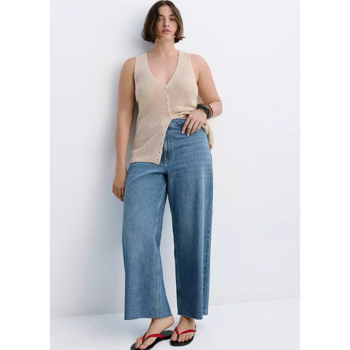 Jean style jupe-culotte Catherin taille haute bleu moyen, MANGO