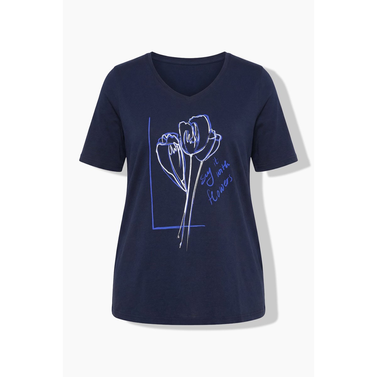 T-shirt, fleurs, col en V, manches courtes marine, ULLA POPKEN
