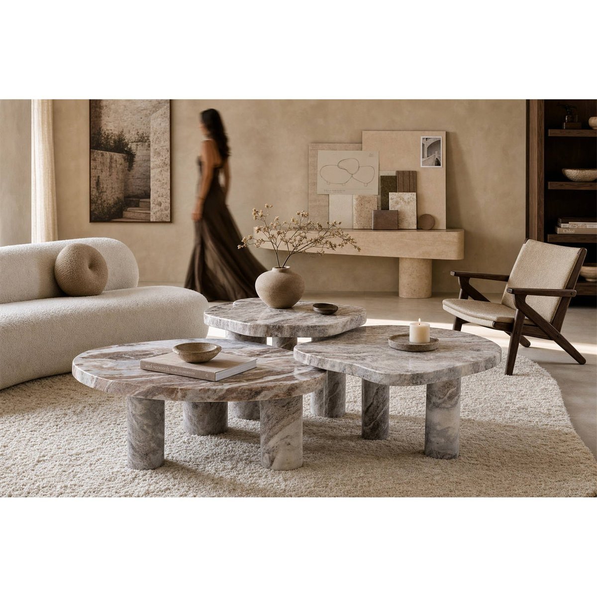 Table basse gigogne en marbre, Lot de 3 beige blush marbré, RECOLLECTION