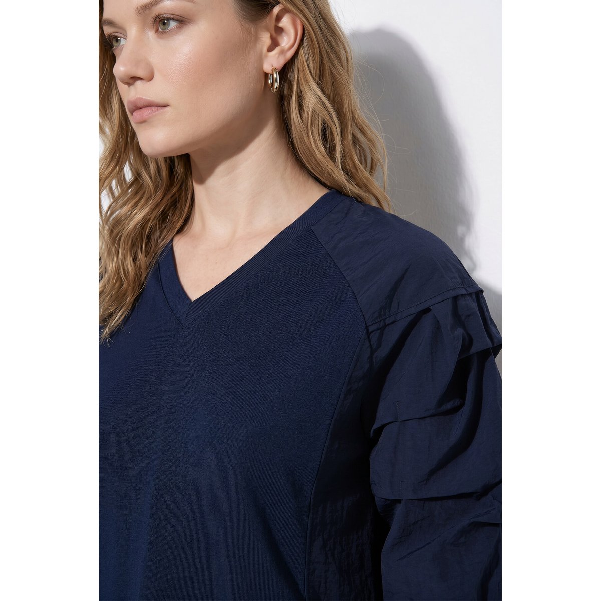T-shirt en coton bio, plis fantaisie marine, ULLA POPKEN