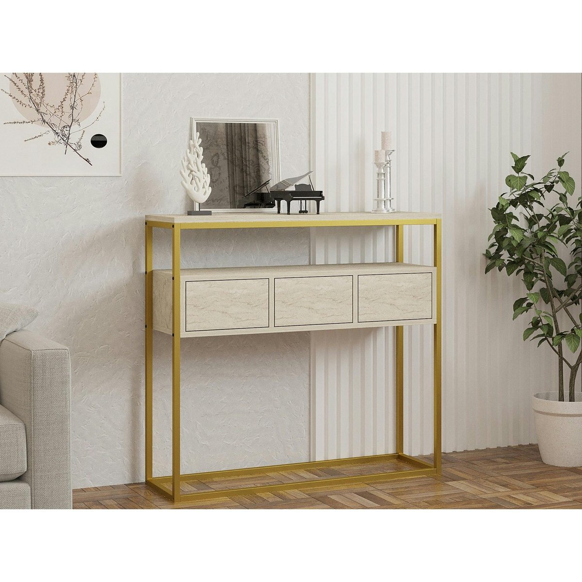 Console d'entrée 3 rangements JENA marbre beige, PIER IMPORT