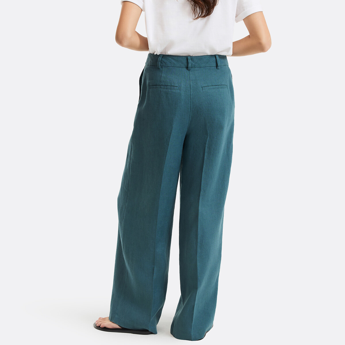 Pantaloni di lino a gamba larga con pinces verde smeraldo, LA REDOUTE COLLECTIONS