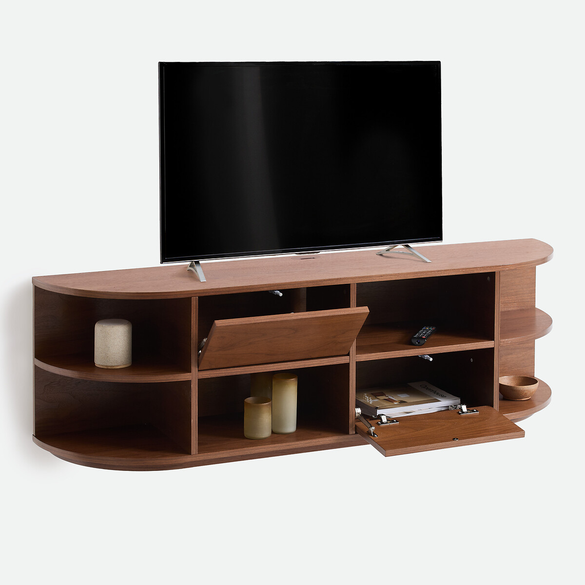 Meuble TV hifi suspendu en plaqué noyer, 2 portes, 6 niches, L160 cm, MADDY noyer, LA REDOUTE INTERIEURS