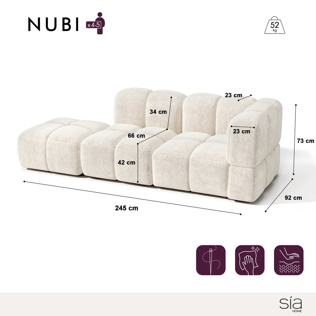 Canapé modulable 5 places en velours texturé NUBI crème, SIA HOME