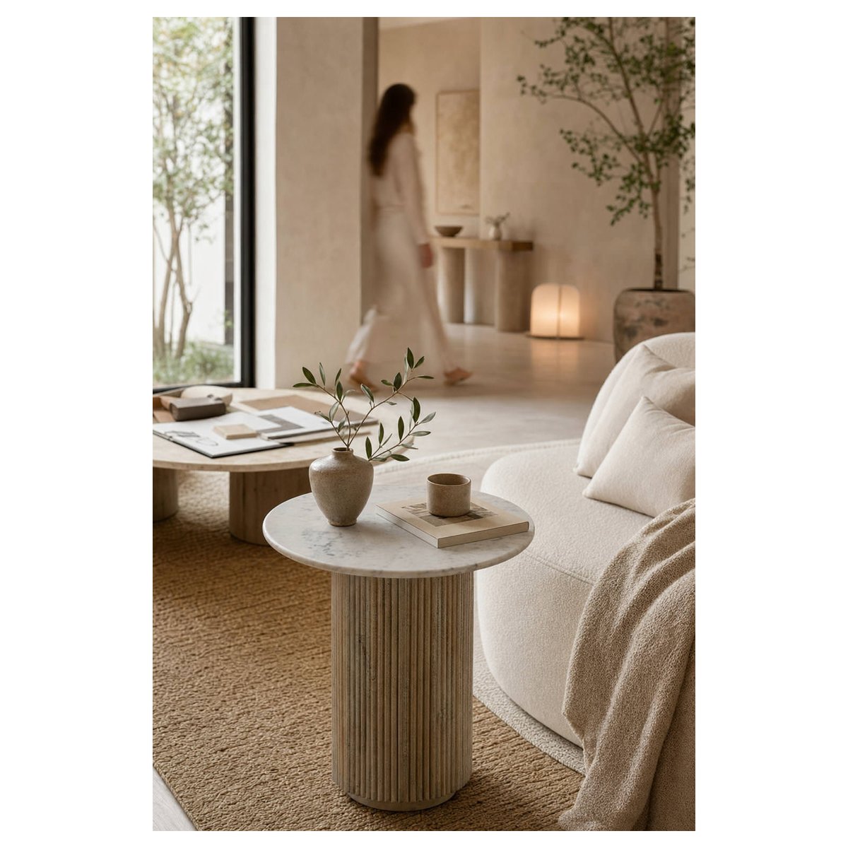 Table d'appoint en marbre et manguier blanc et naturel blanc lavé, RECOLLECTION