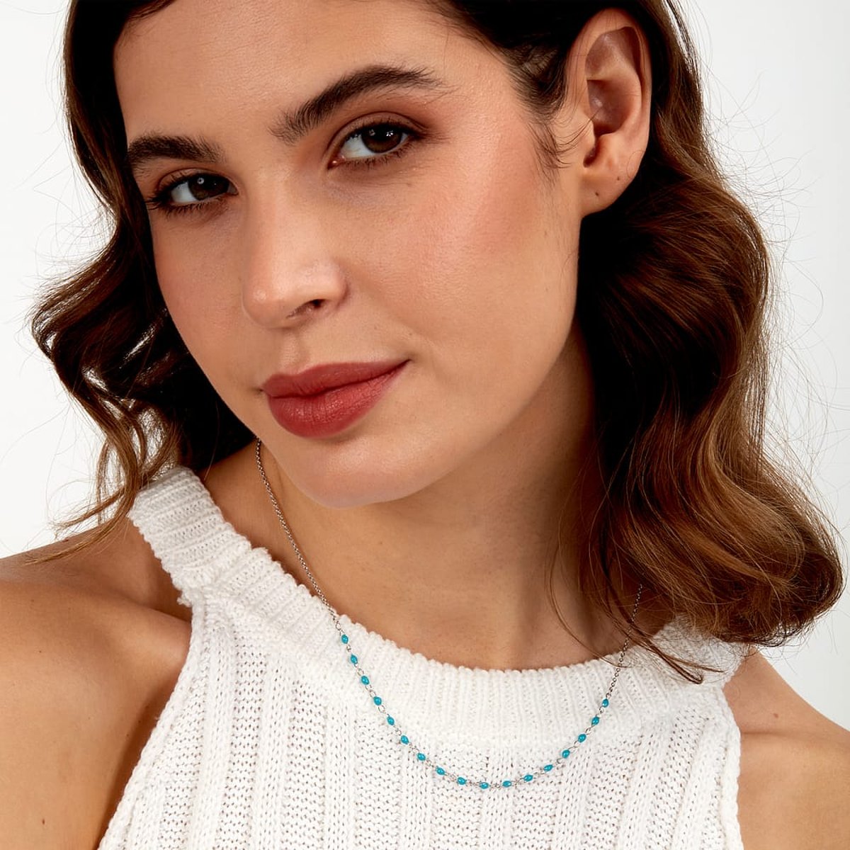 Collier en acier, cristaux, SILVER argent, bleu, LA PETITE STORY