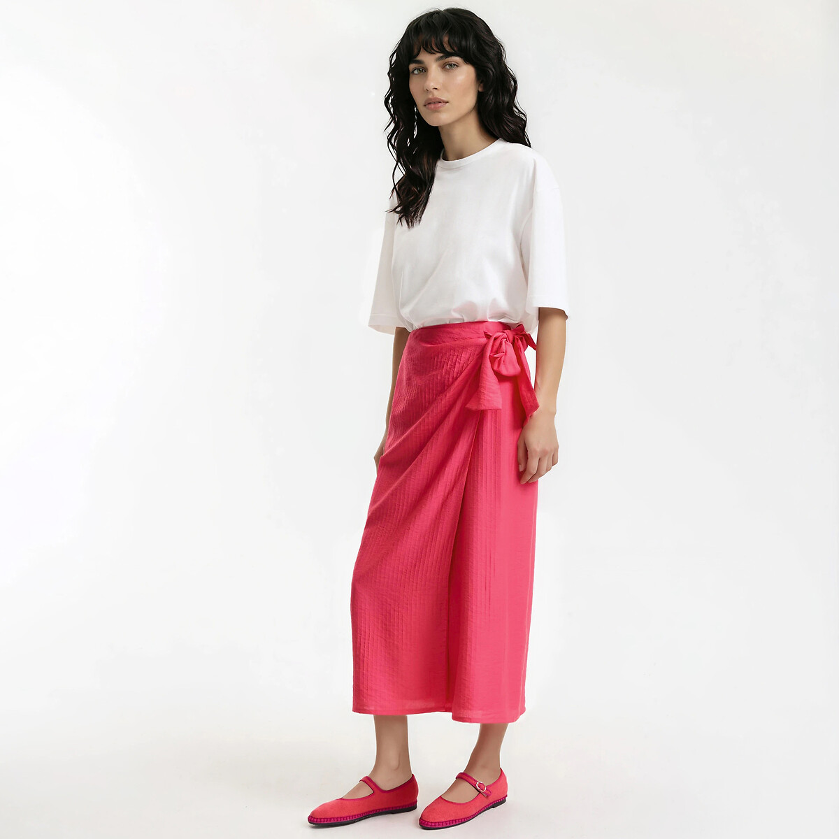 Jupe midi portefeuille à nouer rose fuchsia, LA REDOUTE COLLECTIONS