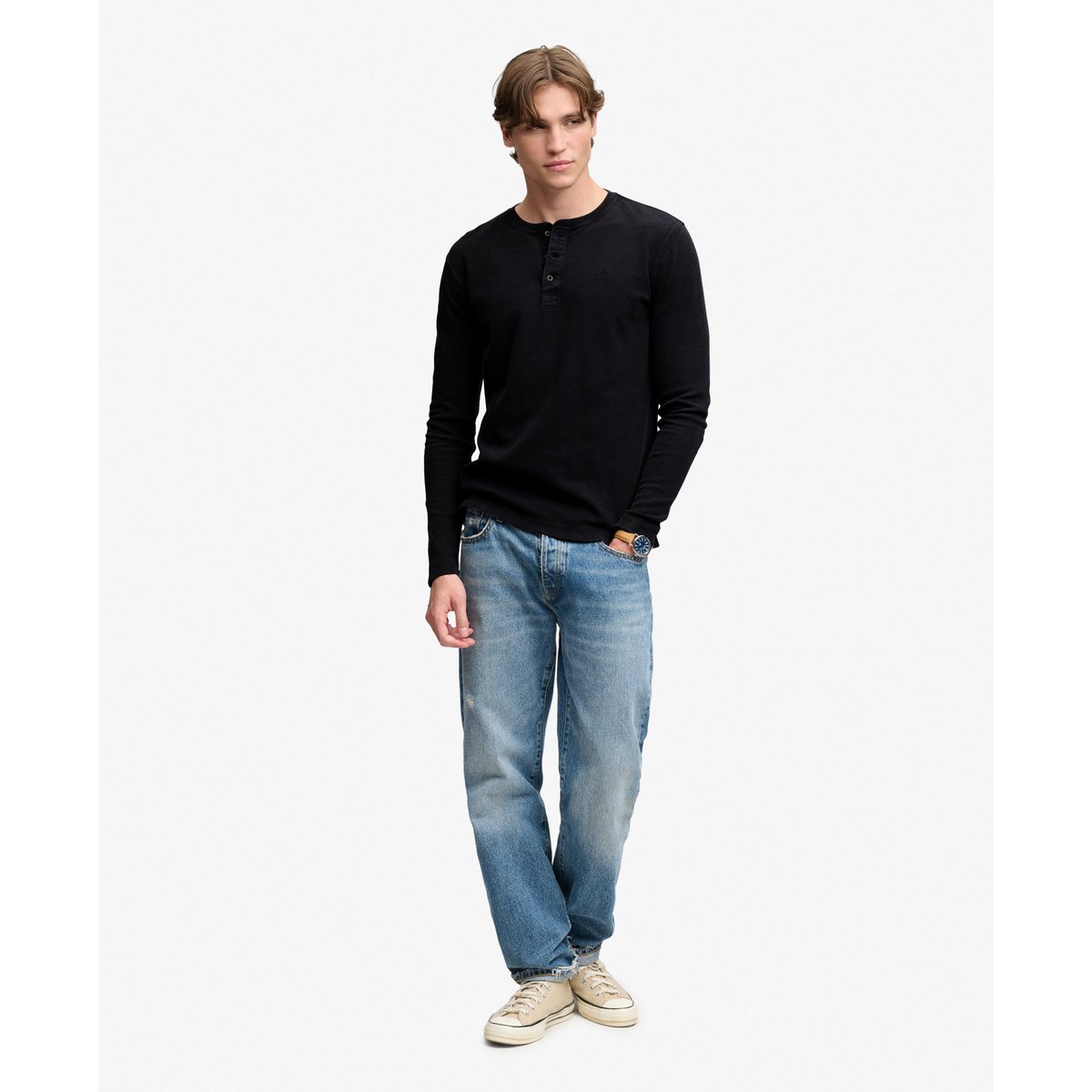 Haut Henley à Manches Longues en Maille Gaufrée bleu français, SUPERDRY