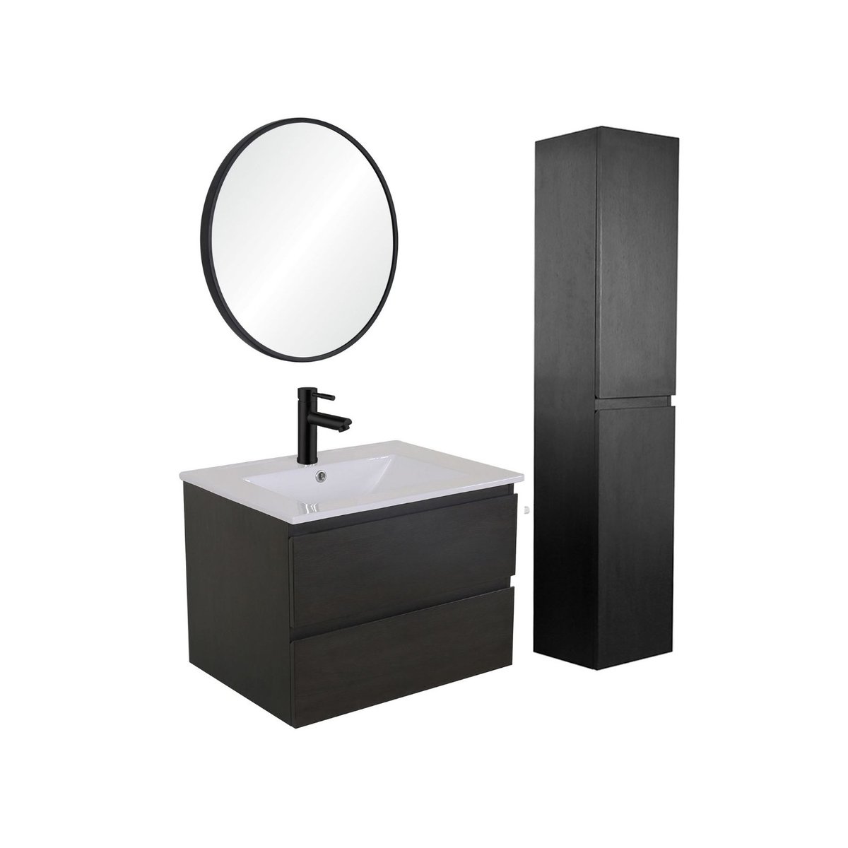 Meuble simple+robinet+miroir+colonne SORRENTO décor chêne carbone, MOB IN