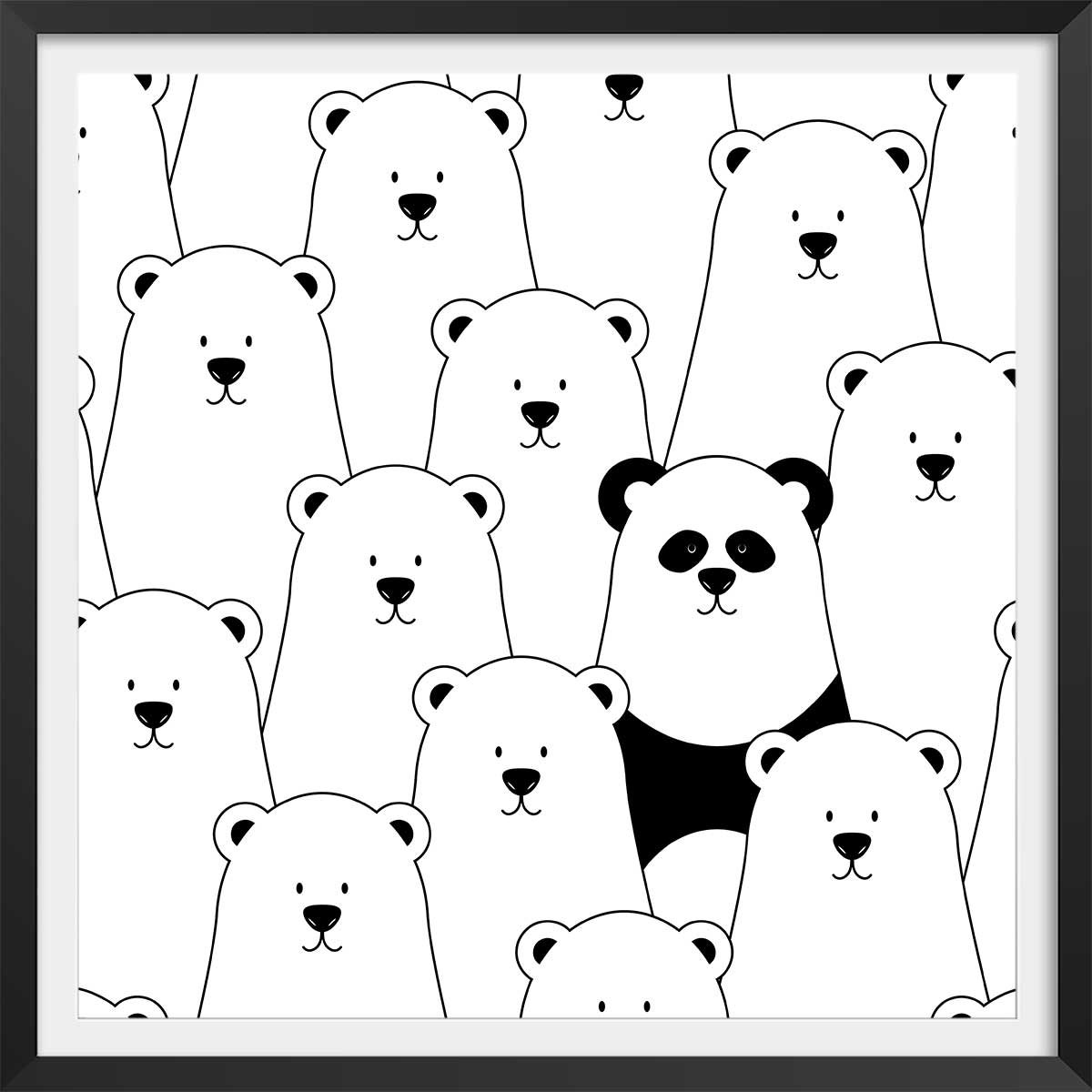 Affiche enfant ours blanc et panda noir affiche + cadre en bois - noir, HEXOA