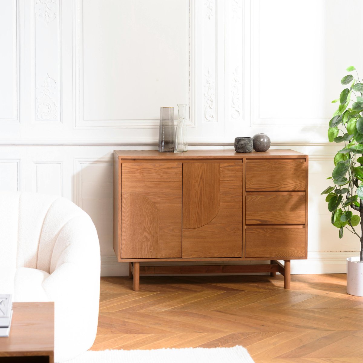 Buffet couleur naturelle 3 tiroirs 2 portes décor motif arrondi CORIA bois naturel, PIER IMPORT