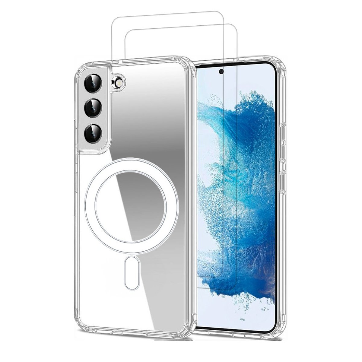 Coque Anti-choc Magnétique compatible Magsafe pour Galaxy S22 5g Transparente + 2 vitres transparent, EVETANE