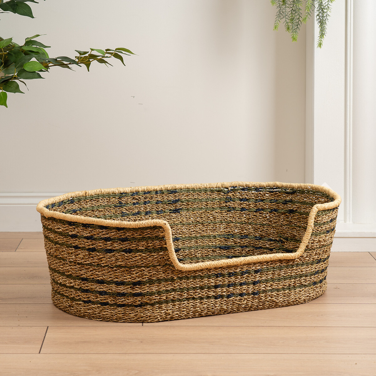 Green and Natural Check Woven Pet Bed with Cushion Medium natural, SO'HOME