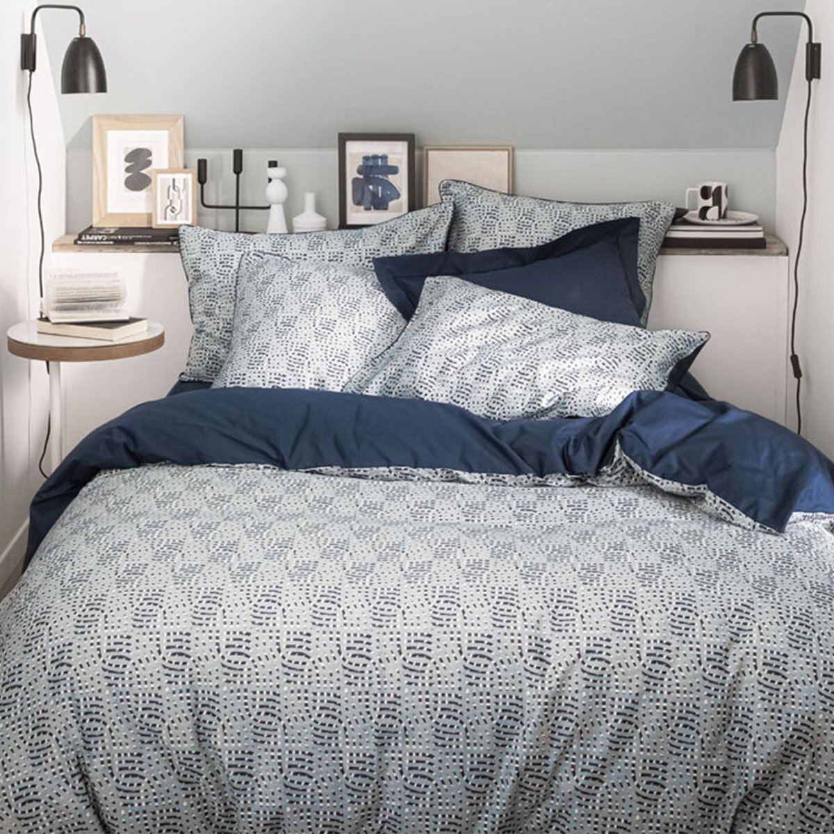 Parure de lit imprimée en satin de coton, taies rectangles, UTOPIA bleu, ESSIX