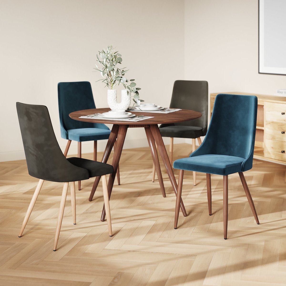 Pack 4 chaises en velours et - VINNI gris et bleu, MAISON PAVANE