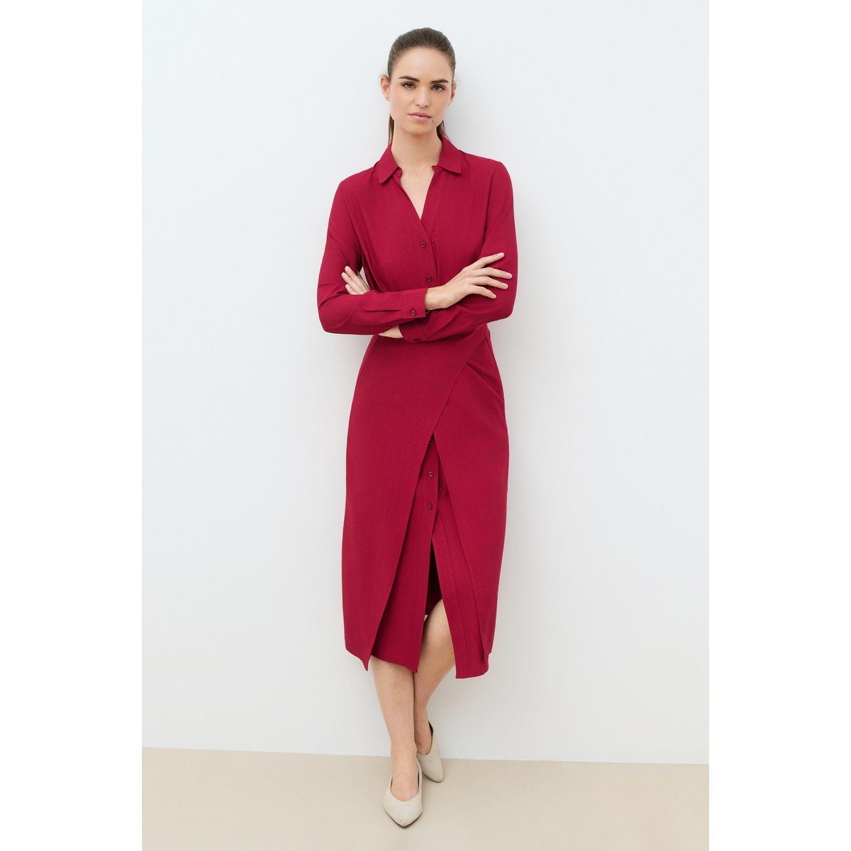 Robe longue col chemise ROSANA bordeaux, CAROLL