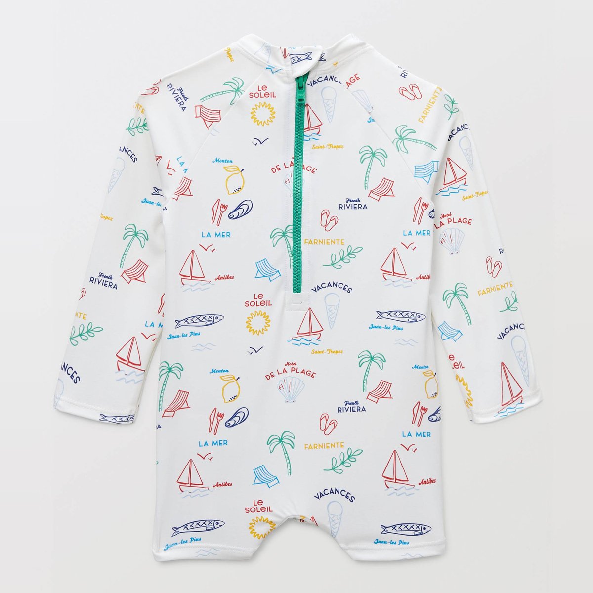 Maillot de bain combinaison manches longues anti-UV imprimé ecru, BOUT'CHOU