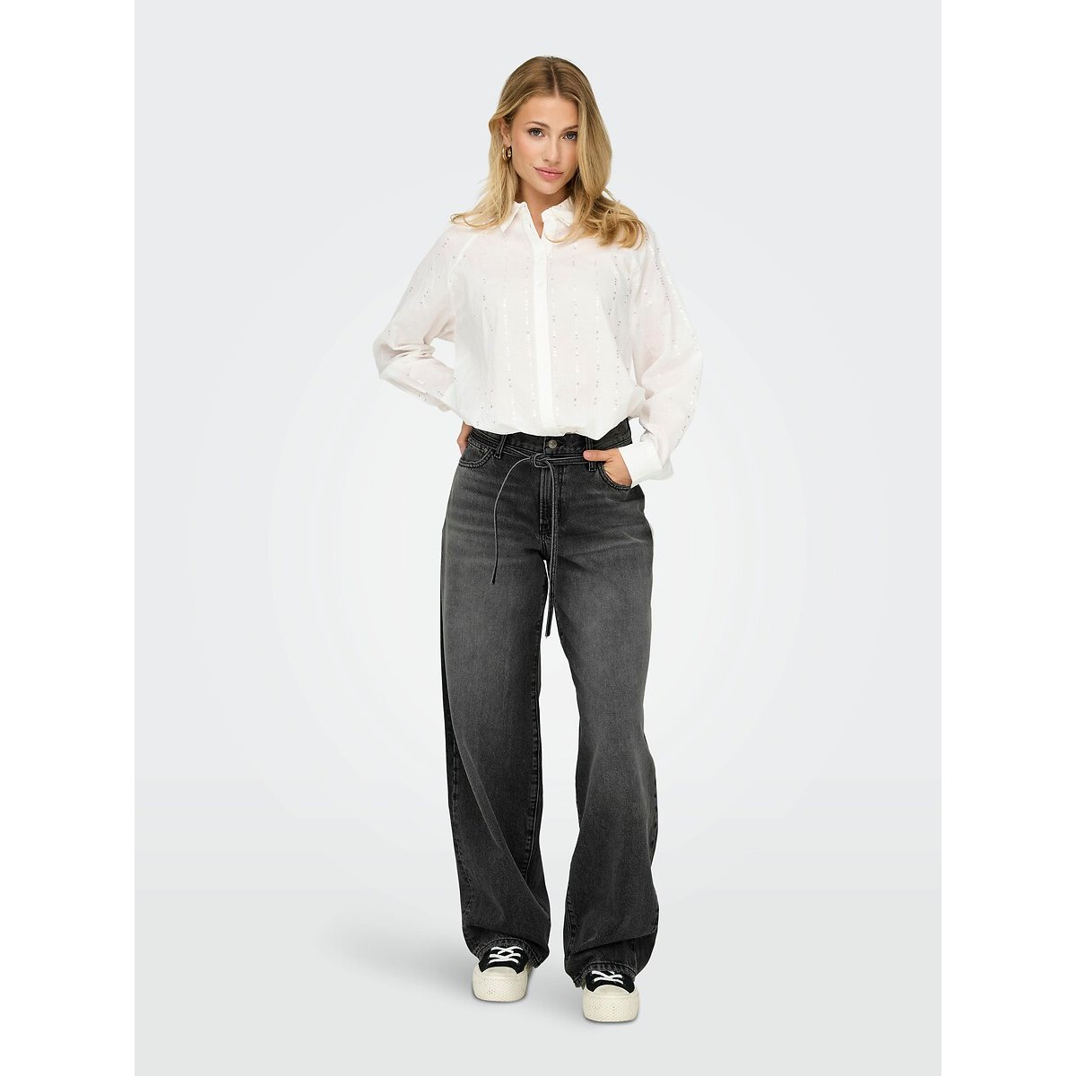 Jean large avec lien resserable noir denim, ONLY