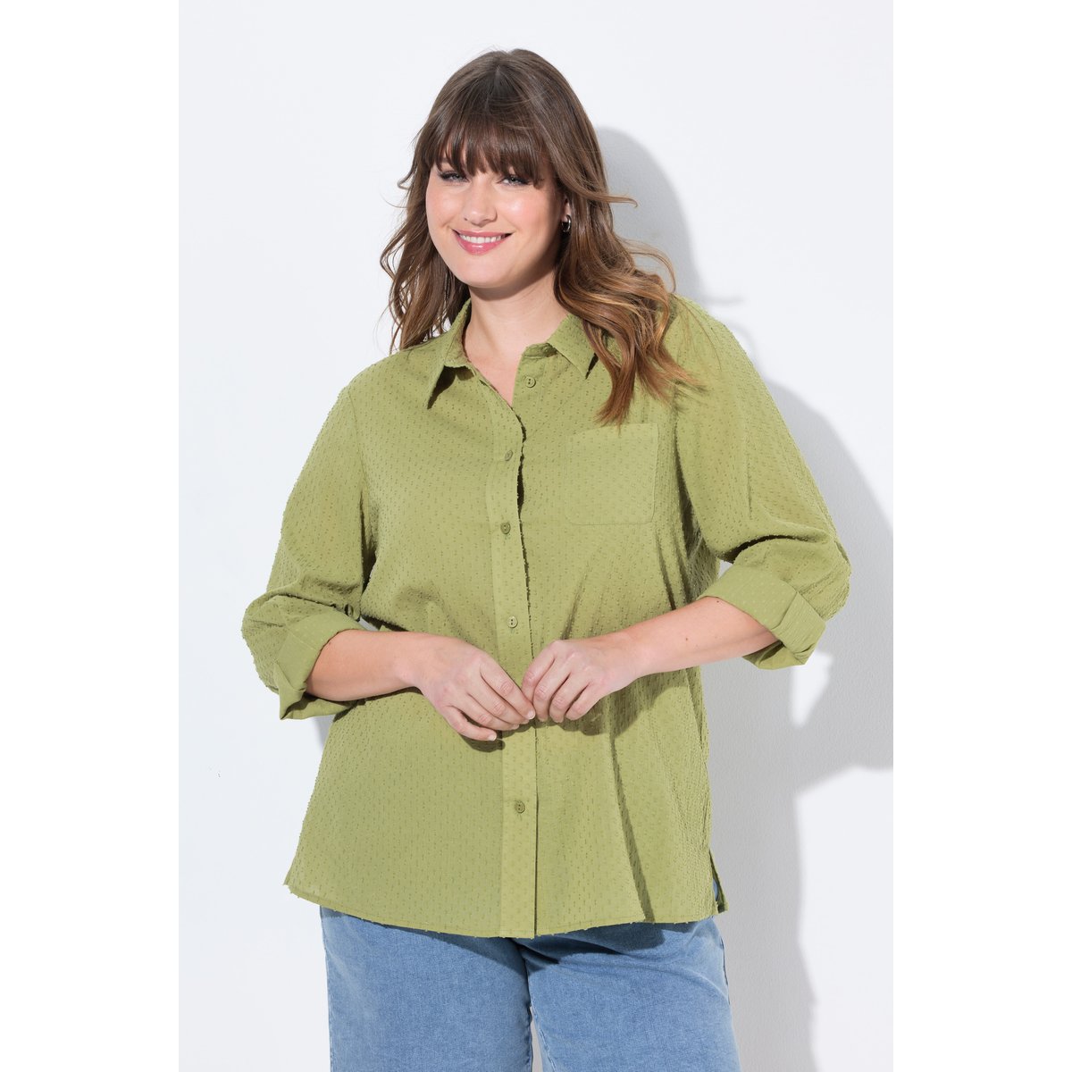 Blouse, pois, col chemise, manches longues sauge, ULLA POPKEN