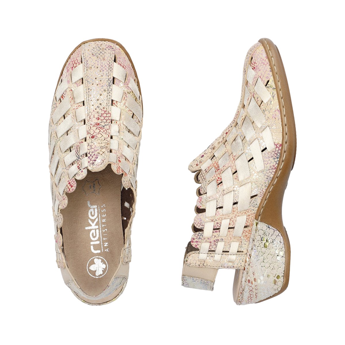 Escarpins en cuir multicolores à talon compensé avec bande élastiquée beiges, RIEKER