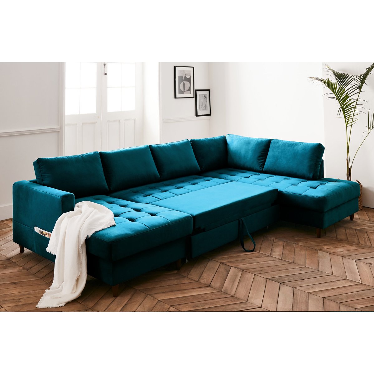 Canapé d'Angle Convertible 7 places - ANNA bleu canard, BEST MOBILIER