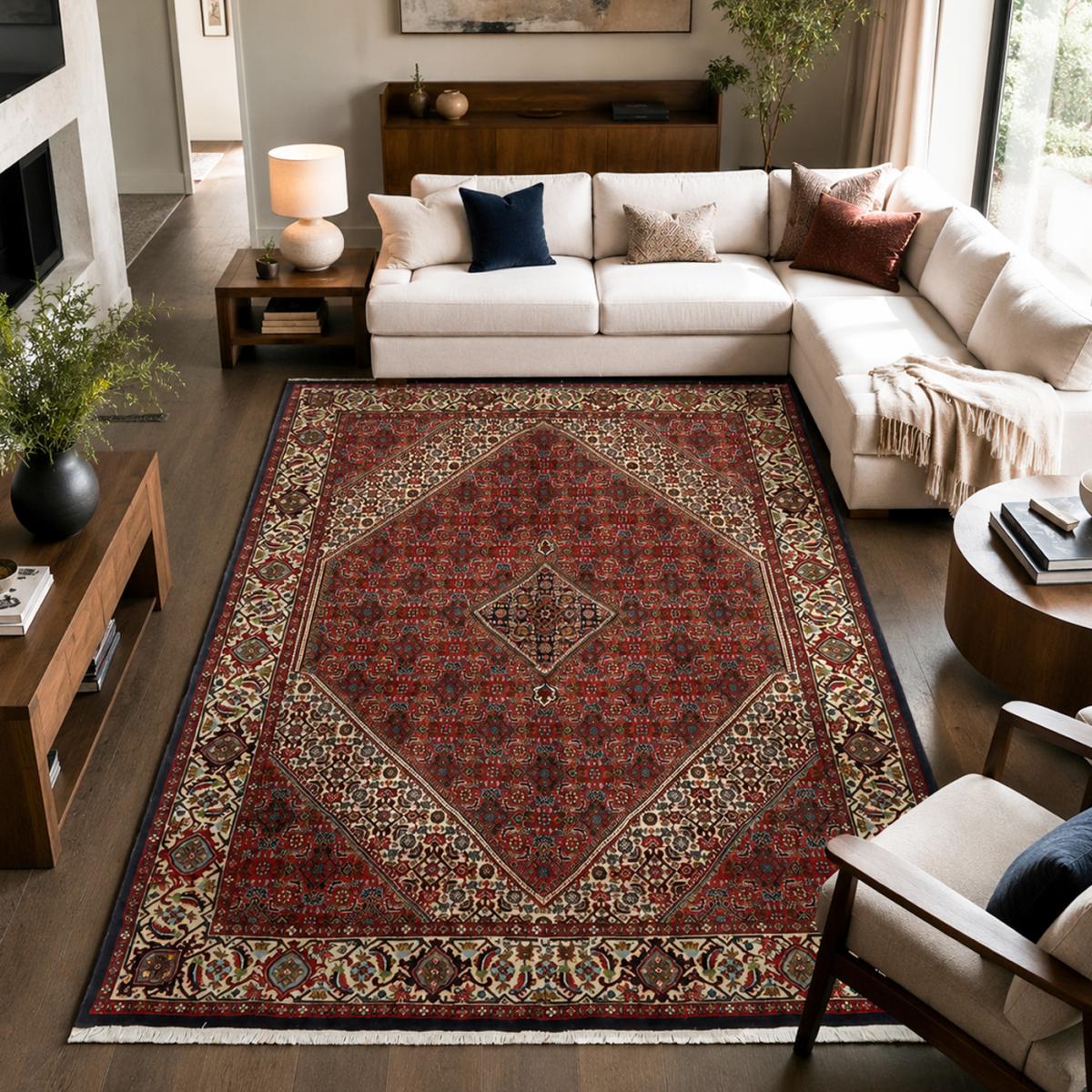 Tapis d'orient, motif oriental, noué main en laine, BIDJAR 3 rouge, bleu, crème, UN AMOUR DE TAPIS