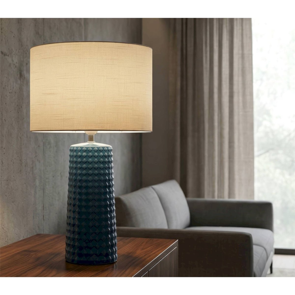 Lampe à poser céramique texturée abat-jour tissu bleu et blanc, RECOLLECTION
