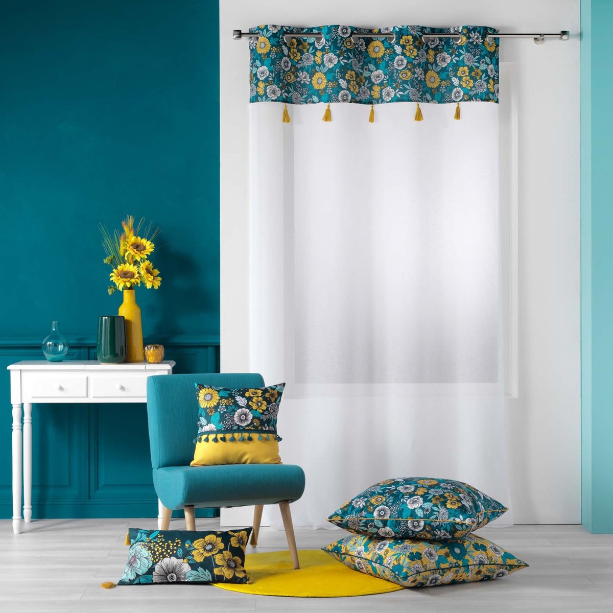 Voilage sablé imprimé floral bleu, DOUCEUR D'INTÉRIEUR