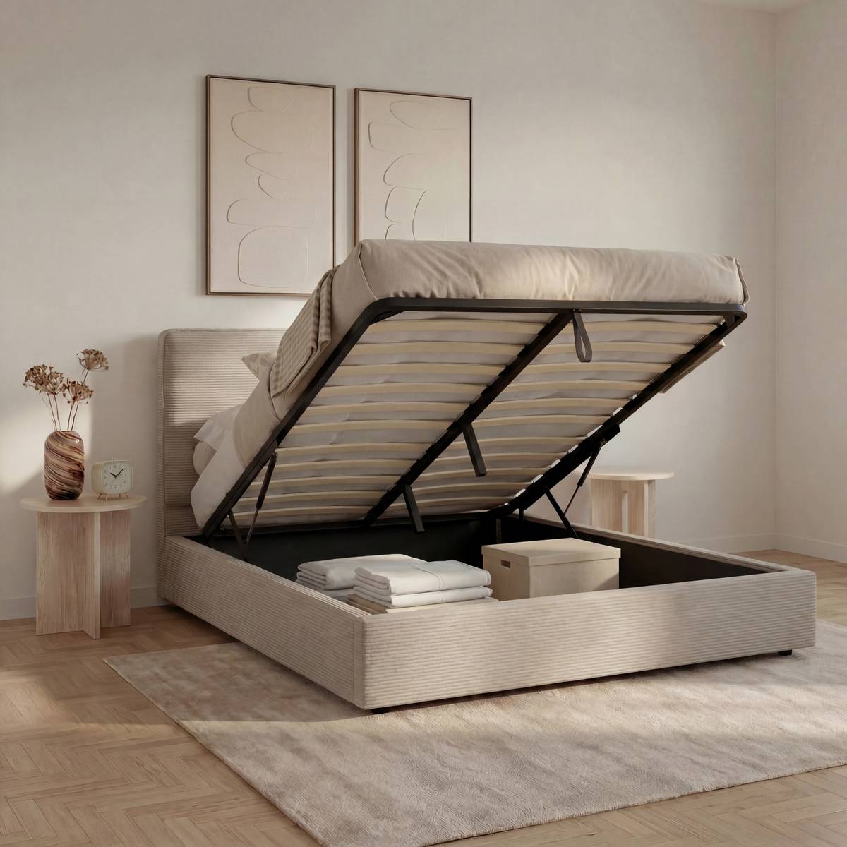 Lit coffre rectangulaire avec rangement WONTA gris, ATMOSPHERA