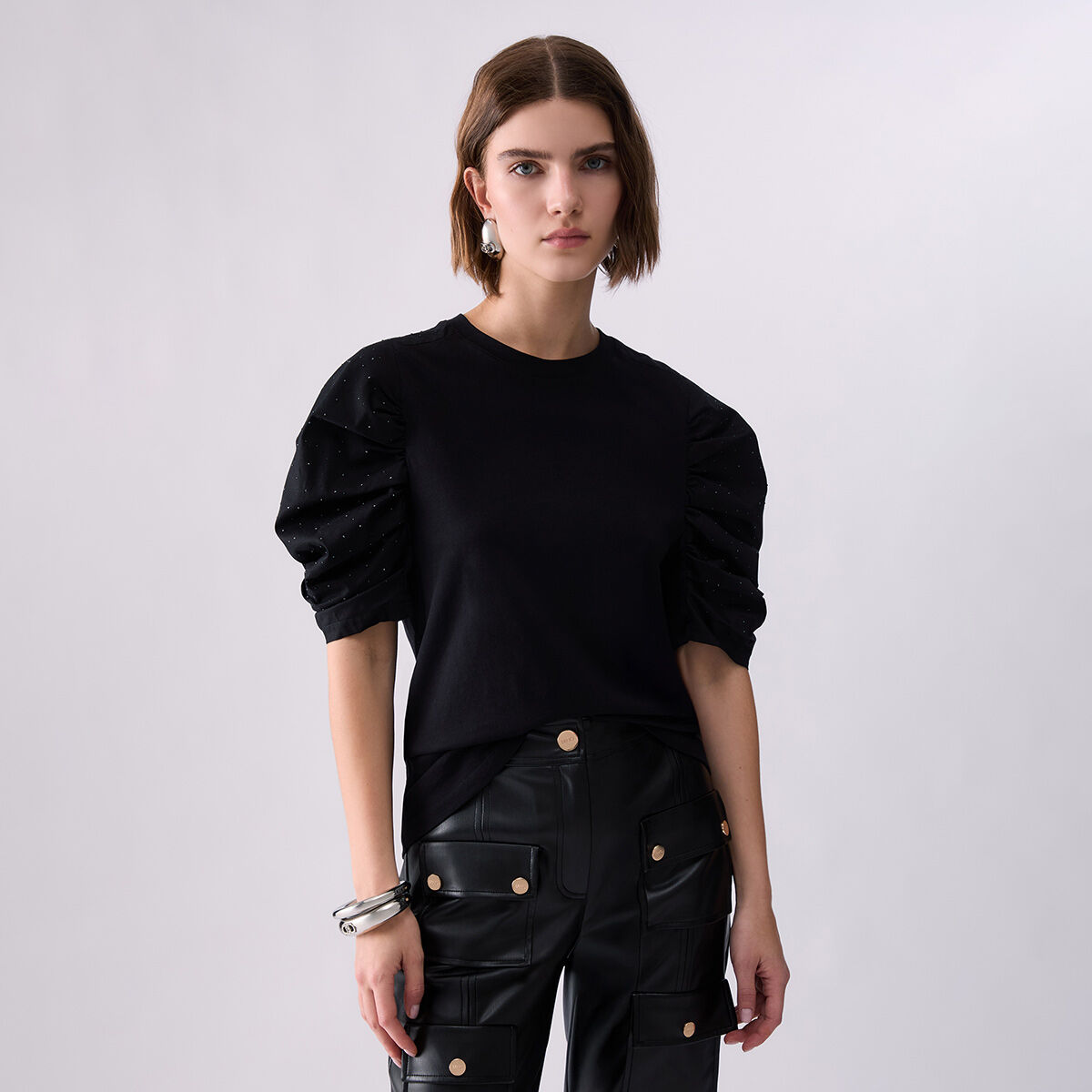 T-shirt bimatière avec manches bouffantes noir, LIU JO
